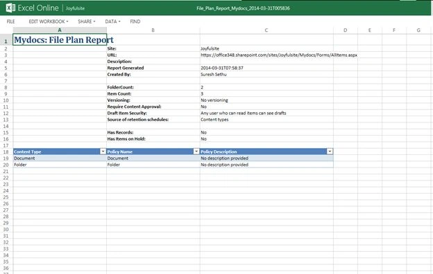 Sample File Plan report