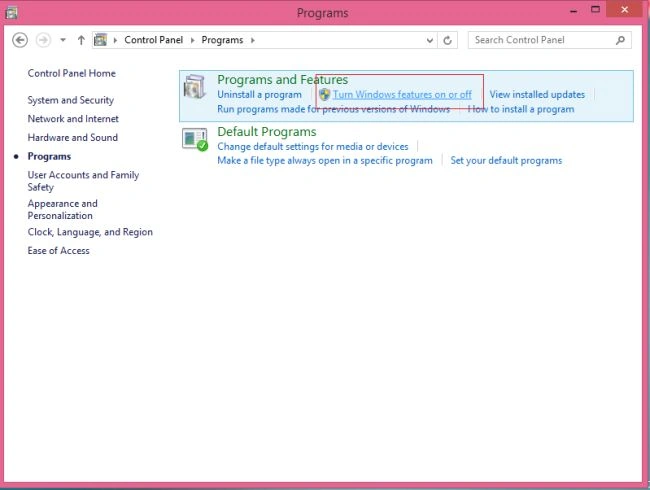 Windows features on or off