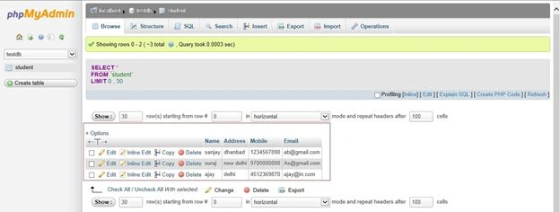 mysql database student data