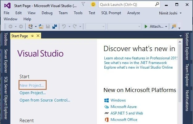 Visual Studio Start Page