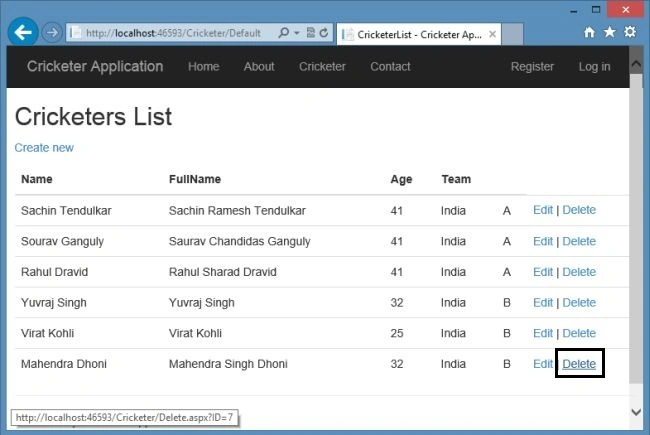 Delete Record in Web Forms