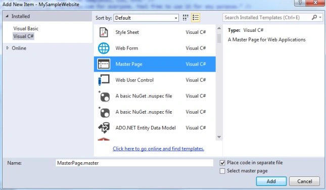 Adding Master Page