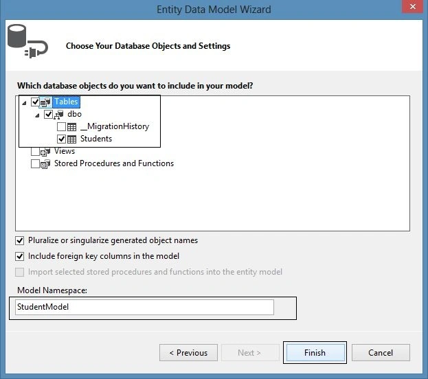 Selecting Database Objects in Entity Model