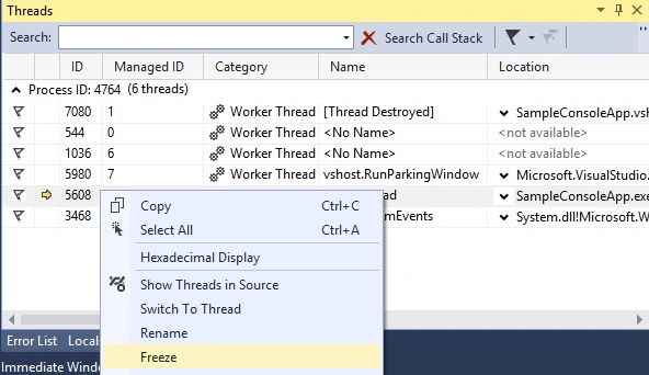 Different Options in Threads Window