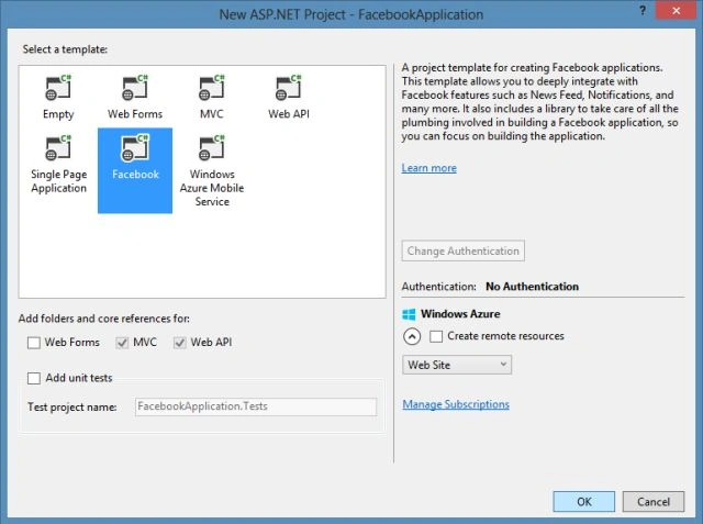 Facebook Project Template in VS 2013