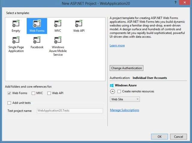 Web Forms Project Template in VS 2013