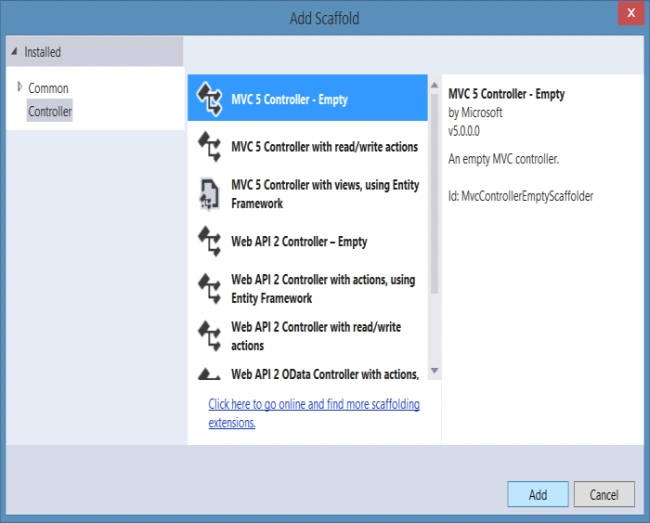 Adding MVC5 Empty Controller