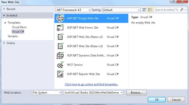 Create Empty Web Site
