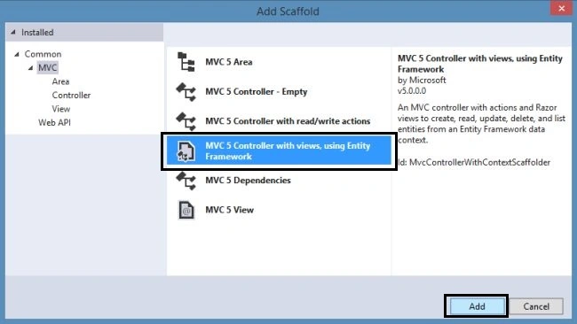 Adding MVC 5 Controller using Entity Framework