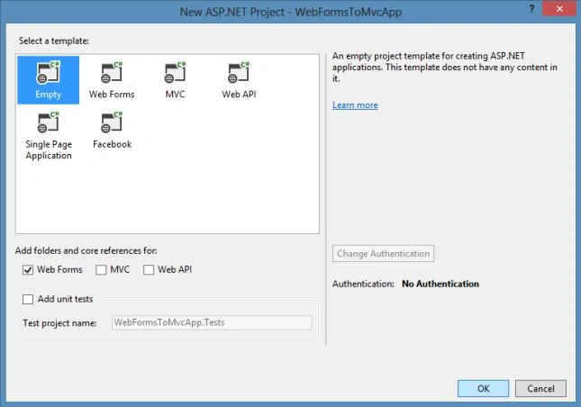 Empty Template with WebForms in VS 2013