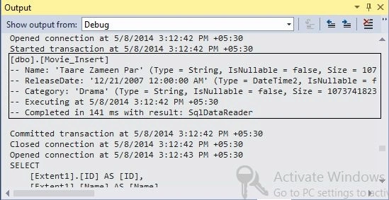 Stored Procedure in Output Window