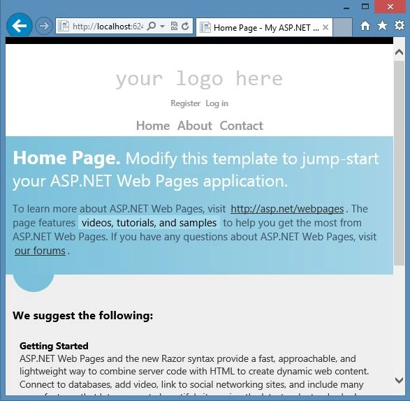 Home Page of StarterSite in WebMatrix