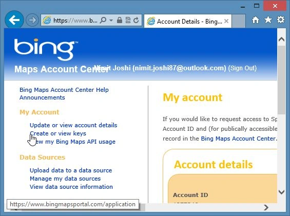Create Key on Bing Map