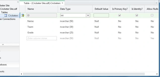 Table Definition in WebMatrix
