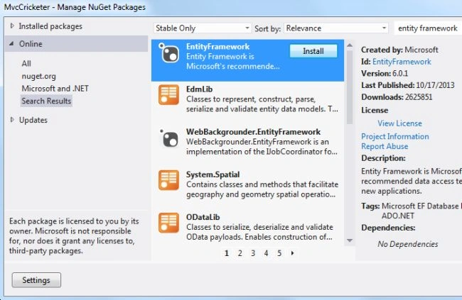 Adding Entity Framework