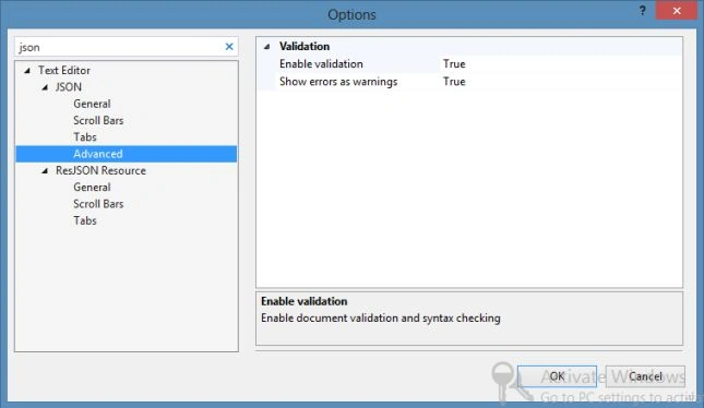 Validation Settings of JSON