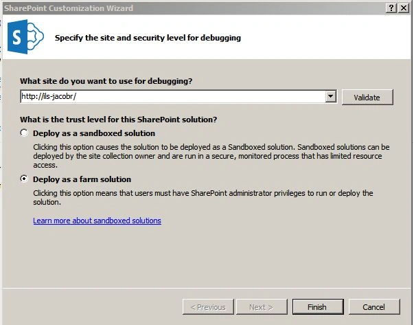 select Deploy as a farm solution and click Finish