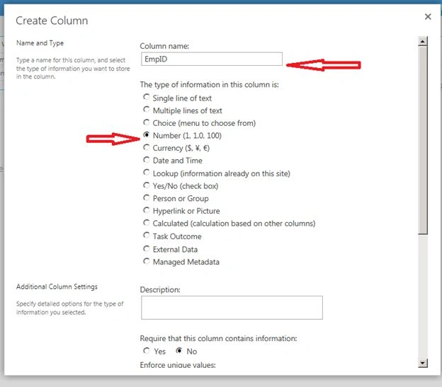 column name and select the data type 