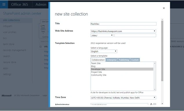 new site collection details