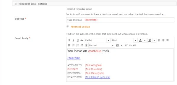 remainder email option