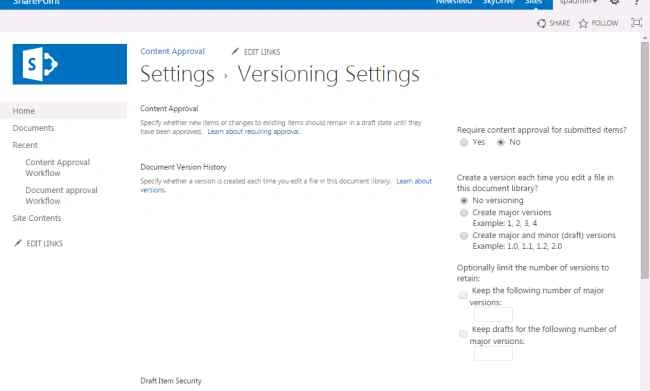 Versioning settings