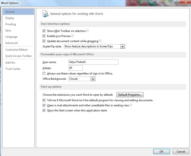 Word options window