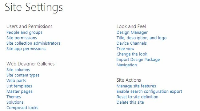 navigated to the site settings page