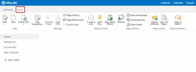 PAGE tab on your SharePoint Page