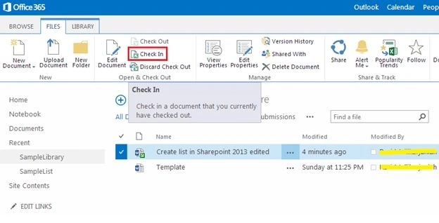 check-in option on top ribbon bar