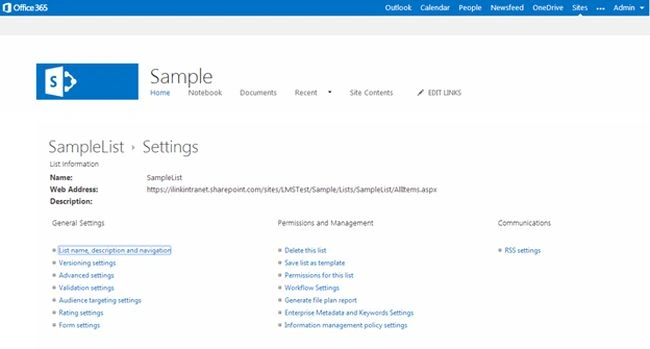 share point settings page
