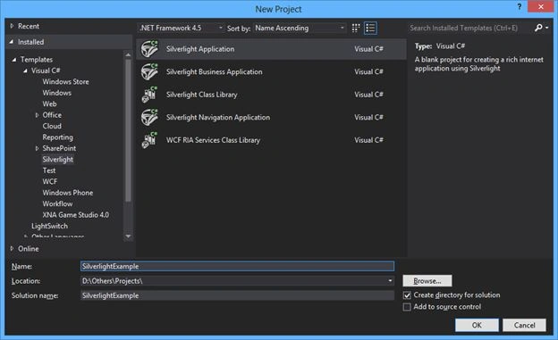 new project of Silverlight Application