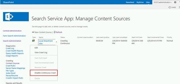 Disable Continuous Crawl