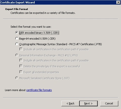 select DER encoded binary