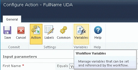 SharePoint workflow Variables button