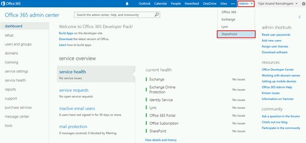 Admin dropdown