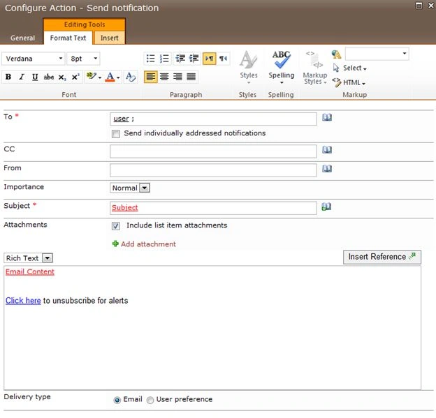 configure action send notification