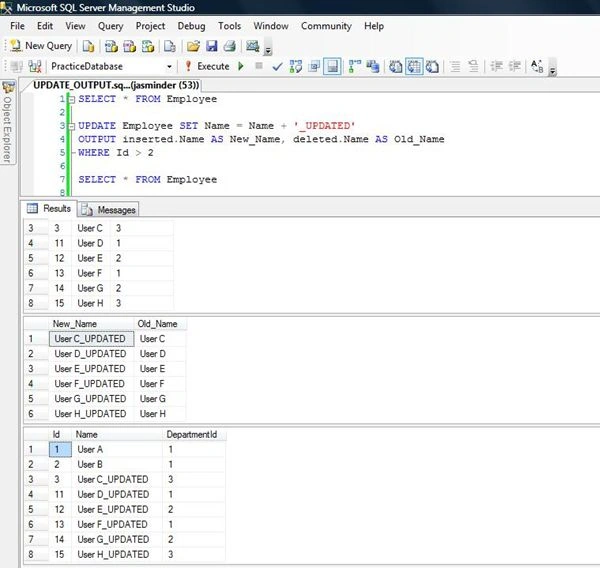 OUTPUT with UPDATE statement