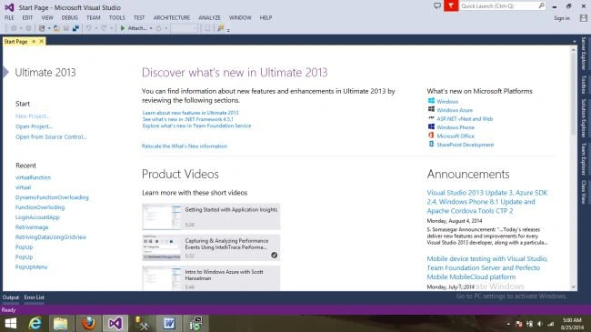 Visual Studio Start Page