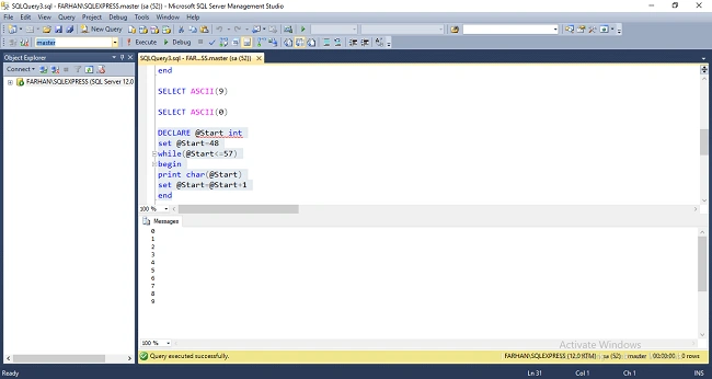 ASCII Values Of Alphabets And Number In SQL Server