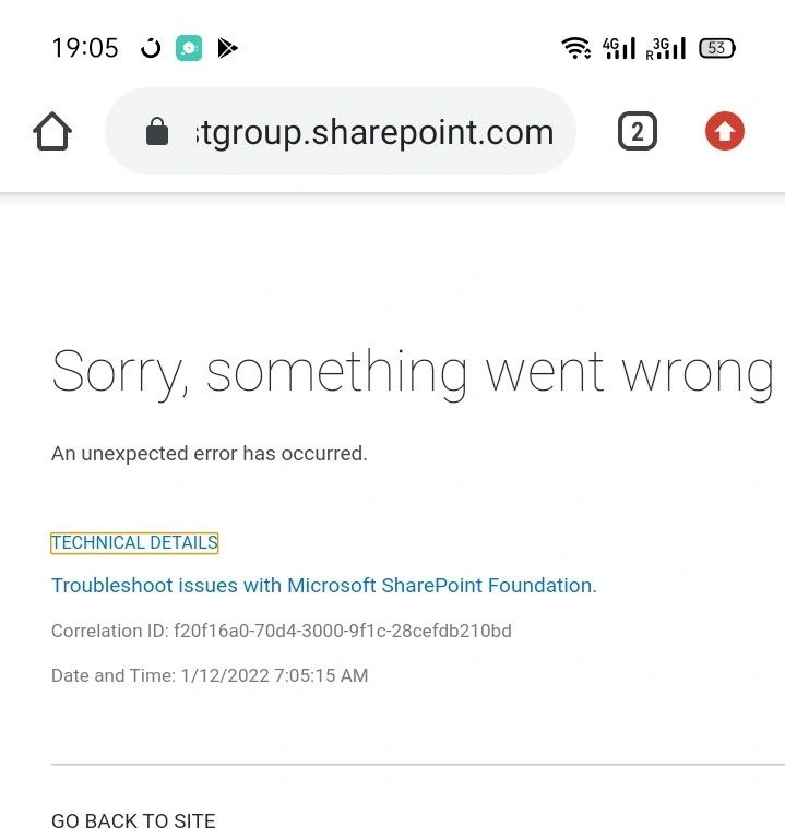 Something went wrong - Error at InfoPath form on mobile device