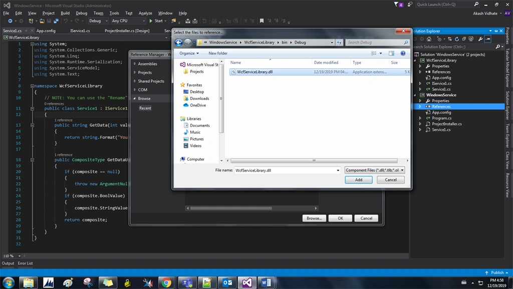 Add WCF service library reference in windows service