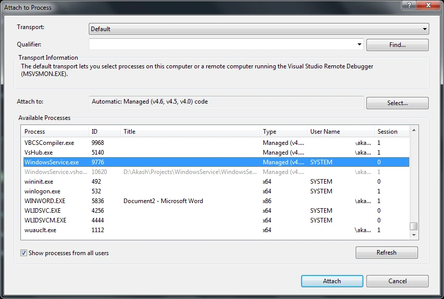Attach process in windows service