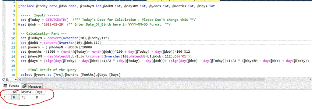 SQL Query to Calculate Age using given Date of birth (DOB)