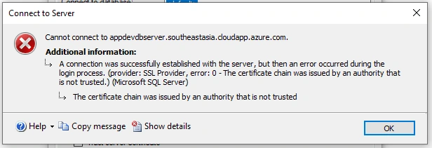 Certificate Issue While Connecting Azure Virtual Machine Database