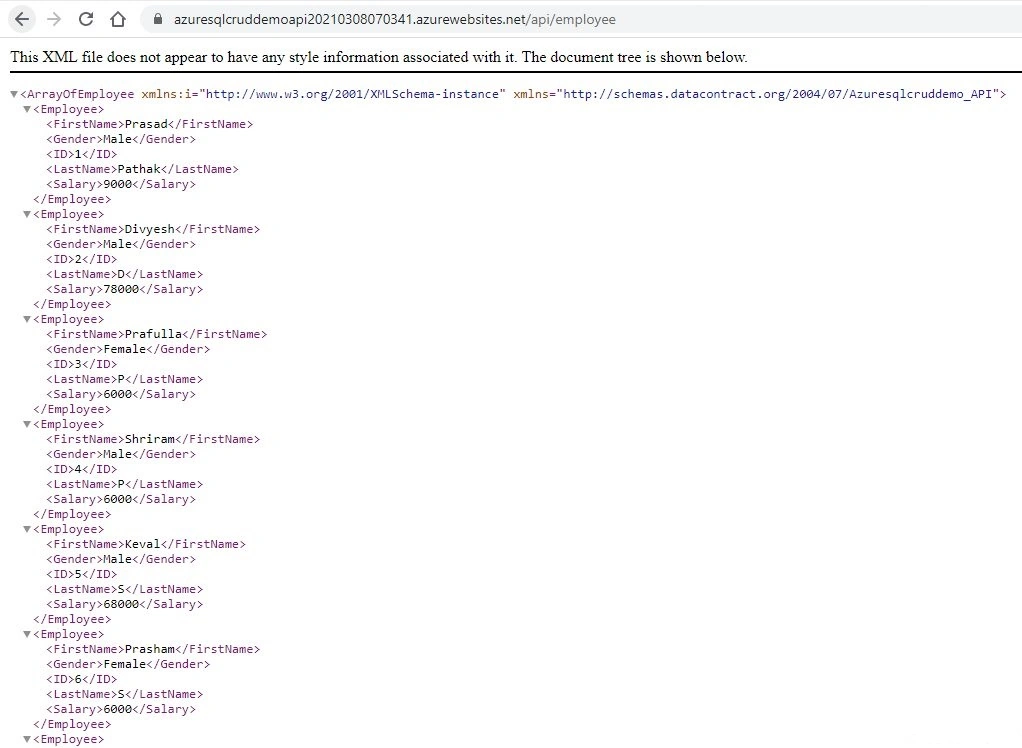 Azure App service API error while accessing Azure SQL data through ent