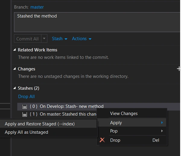 Stash in Git using Visual Studio 2019