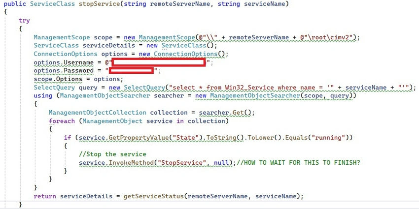 Code to stop window service