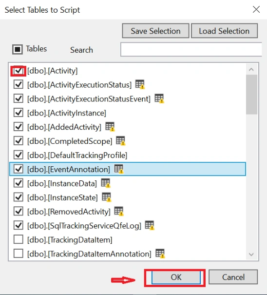 Select table to script