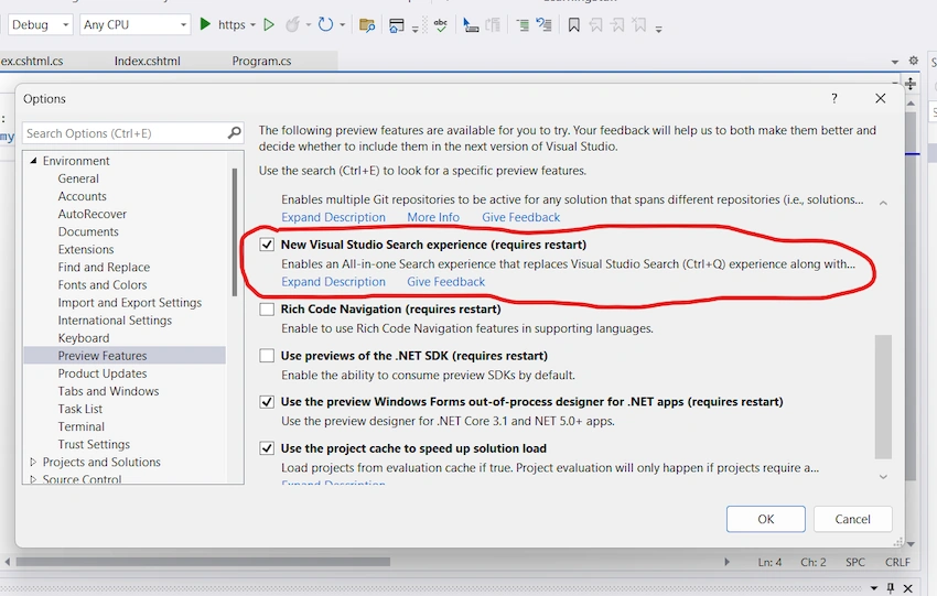 Visual studio new All in one Search Feature