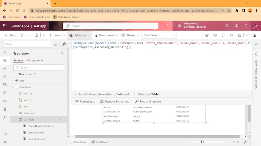 Power Apps - SortByColumns & Search using Data Table